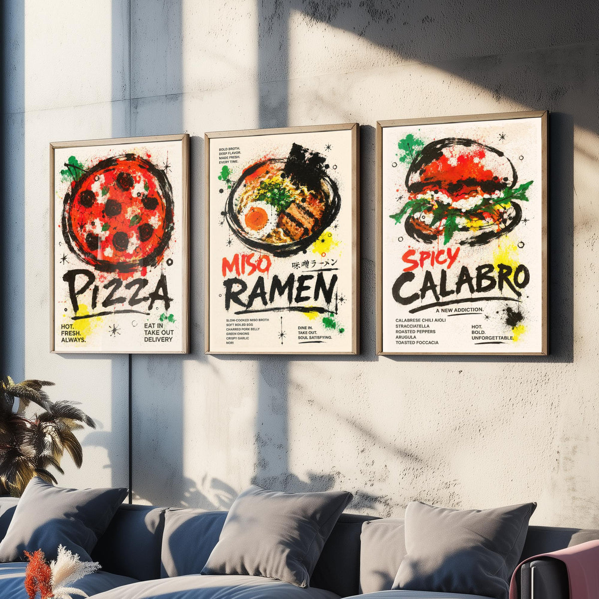 Foodie Kitchen Set of Three Art Prints - 3 Pizza Ramen Burger Posters - Modern Ink Splatter Wall Art Gift Illustration Diner
