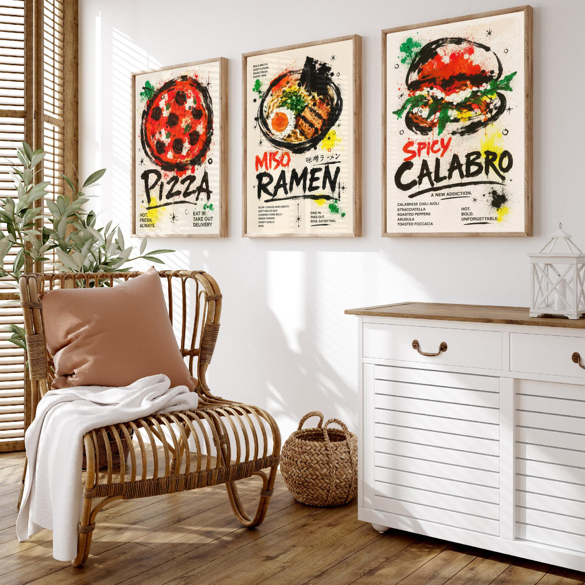 Foodie Kitchen Set of Three Art Prints - 3 Pizza Ramen Burger Posters - Modern Ink Splatter Wall Art Gift Illustration Diner