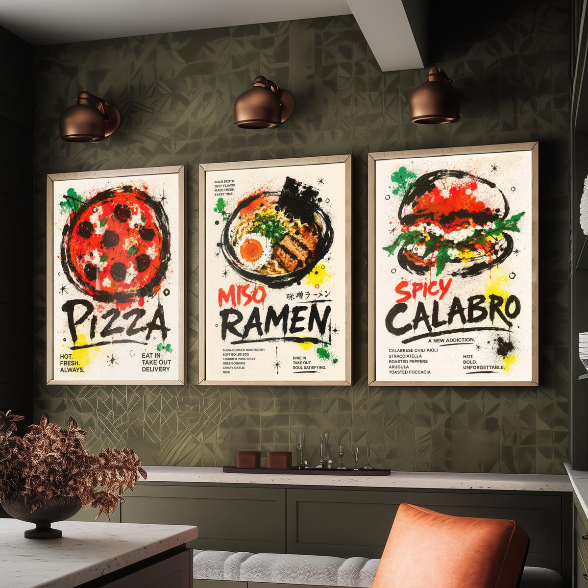 Foodie Kitchen Set of Three Art Prints - 3 Pizza Ramen Burger Posters - Modern Ink Splatter Wall Art Gift Illustration Diner