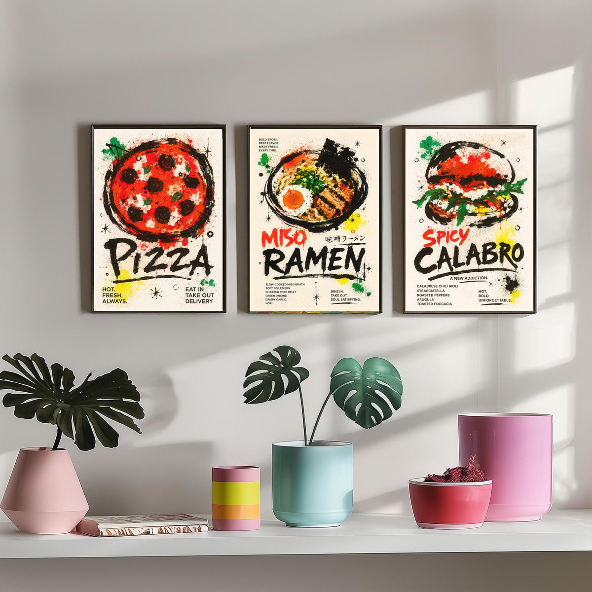 Foodie Kitchen Set of Three Art Prints - 3 Pizza Ramen Burger Posters - Modern Ink Splatter Wall Art Gift Illustration Diner