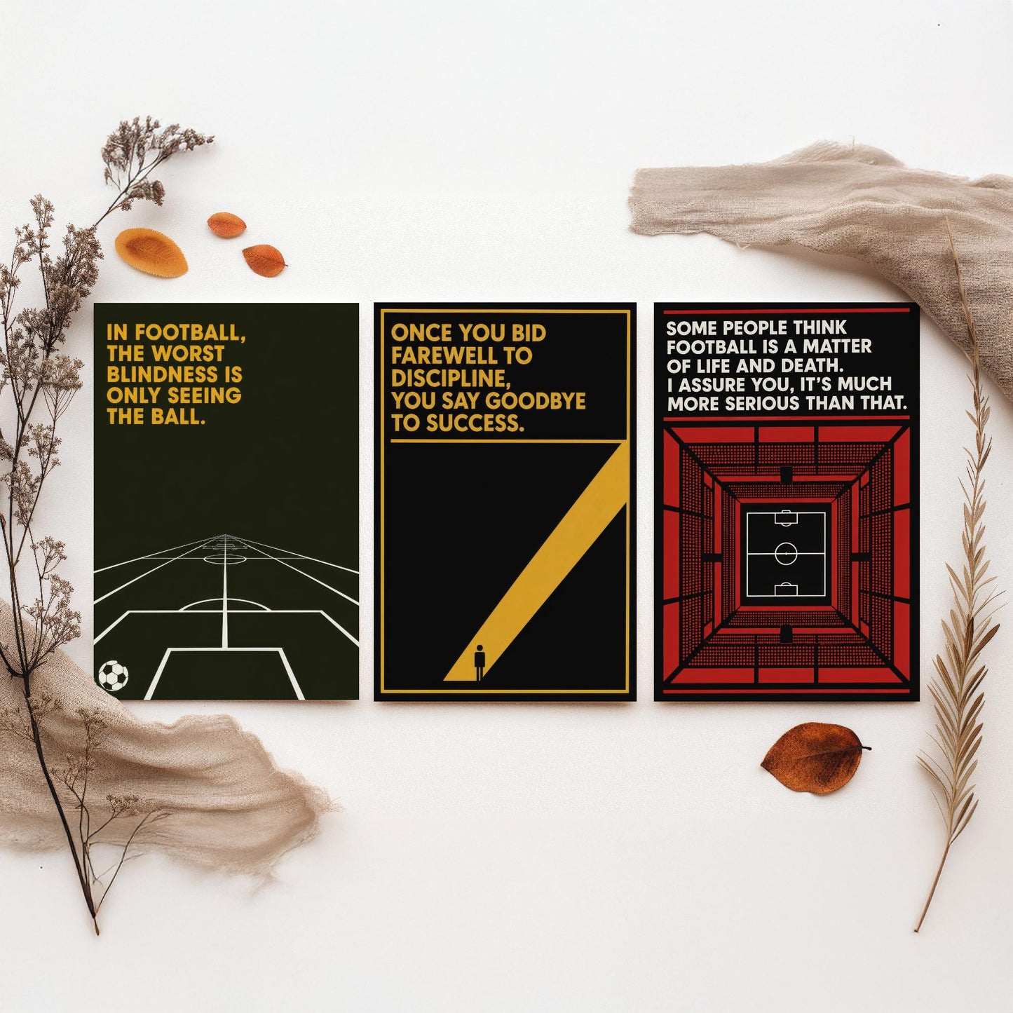 Football Quotes Set of Three Art Prints - 3 Bauhaus Soccer Posters - Minimalist Sport Wall Art Illustration Gift V1
