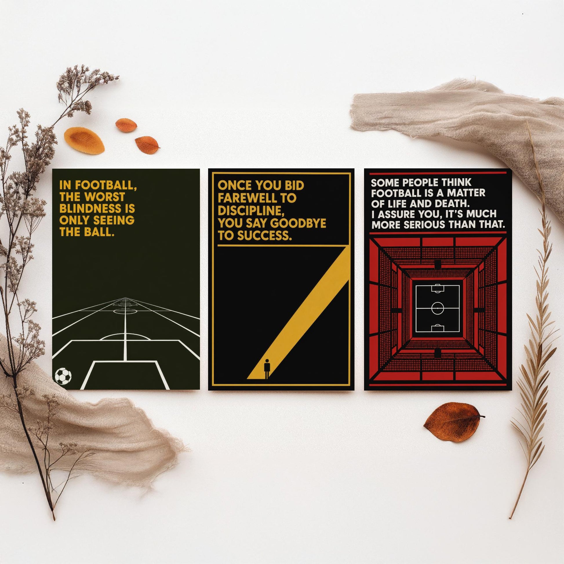 Football Quotes Set of Three Art Prints - 3 Bauhaus Soccer Posters - Minimalist Sport Wall Art Illustration Gift V1