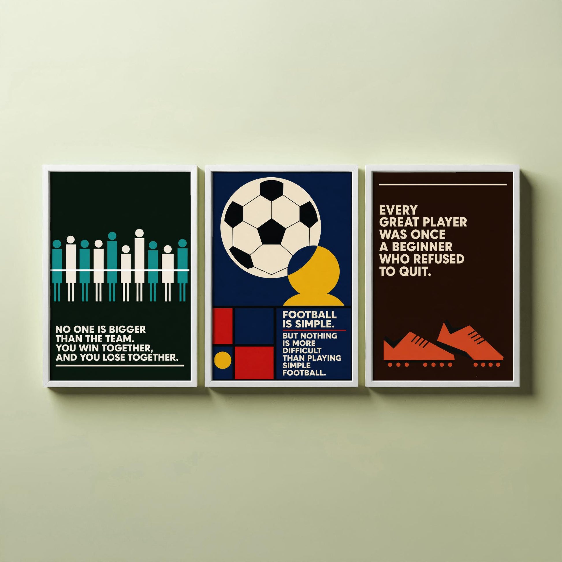 Football Quotes Set of Three Art Prints - 3 Retro Bauhaus Soccer Posters - Minimalist Sport Wall Art Illustration V2