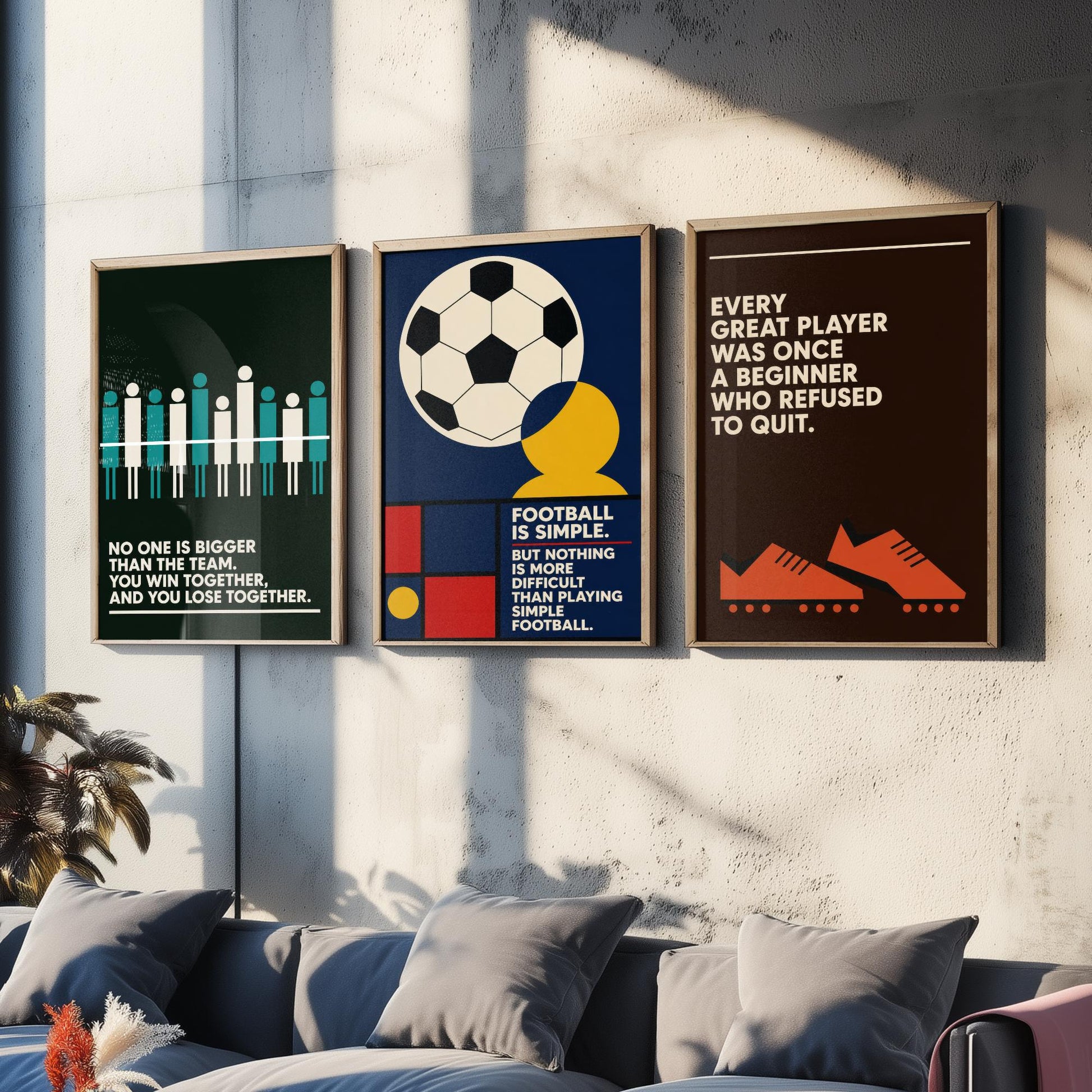 Football Quotes Set of Three Art Prints - 3 Retro Bauhaus Soccer Posters - Minimalist Sport Wall Art Illustration V2