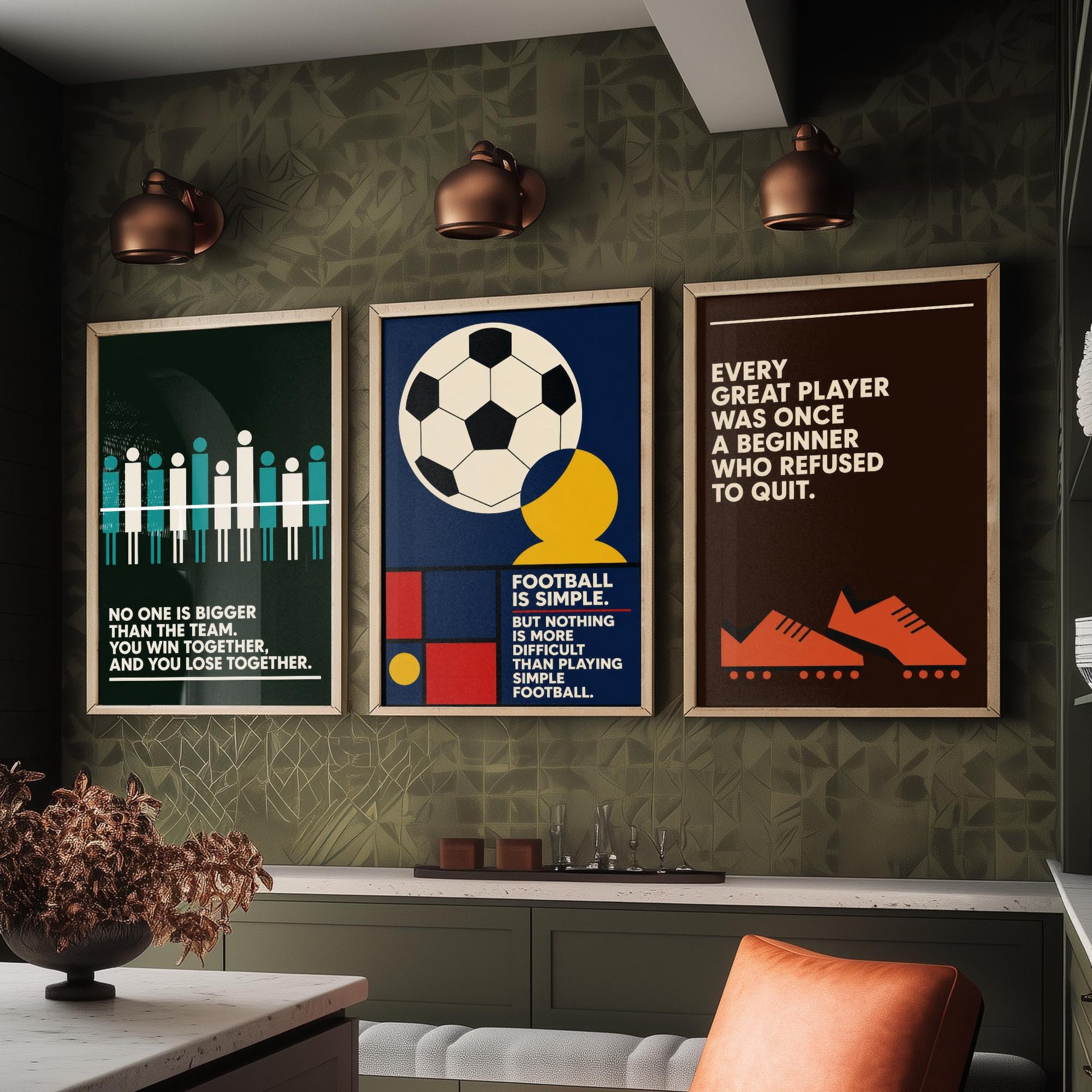 Football Quotes Set of Three Art Prints - 3 Retro Bauhaus Soccer Posters - Minimalist Sport Wall Art Illustration V2