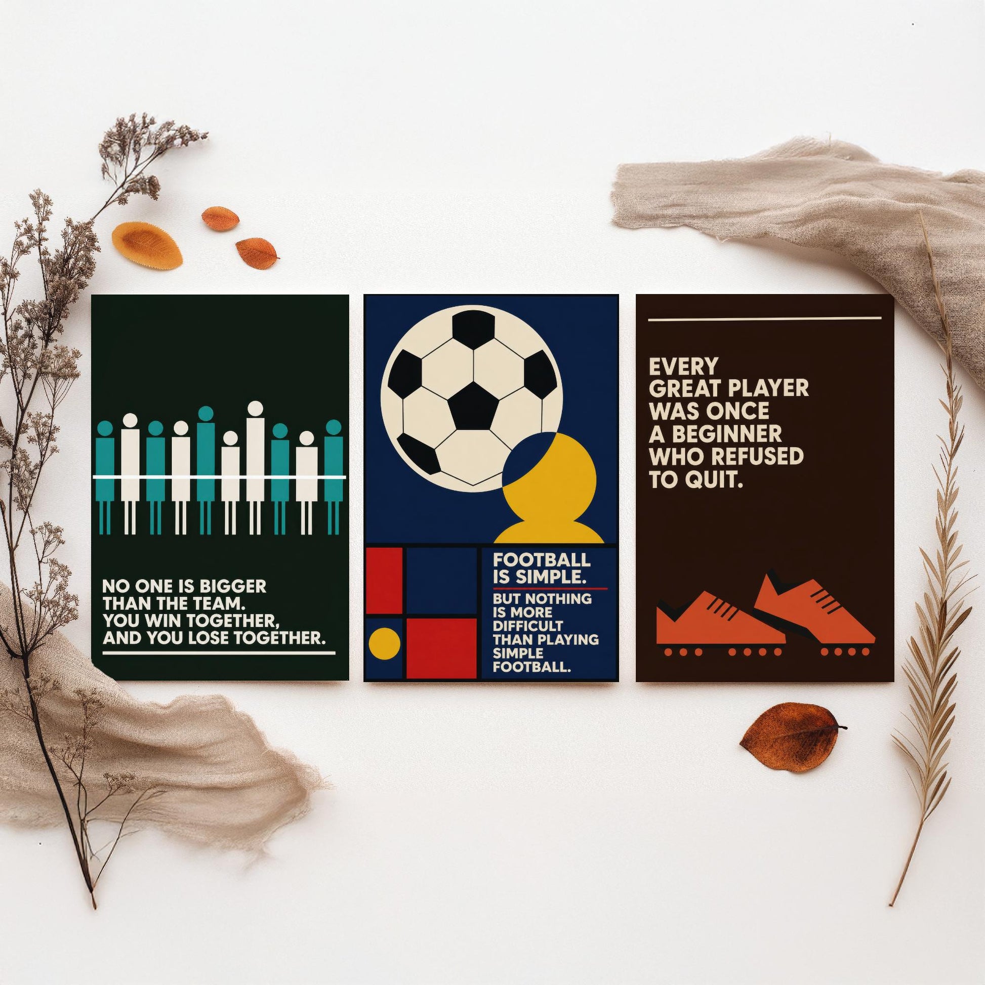 Football Quotes Set of Three Art Prints - 3 Retro Bauhaus Soccer Posters - Minimalist Sport Wall Art Illustration V2