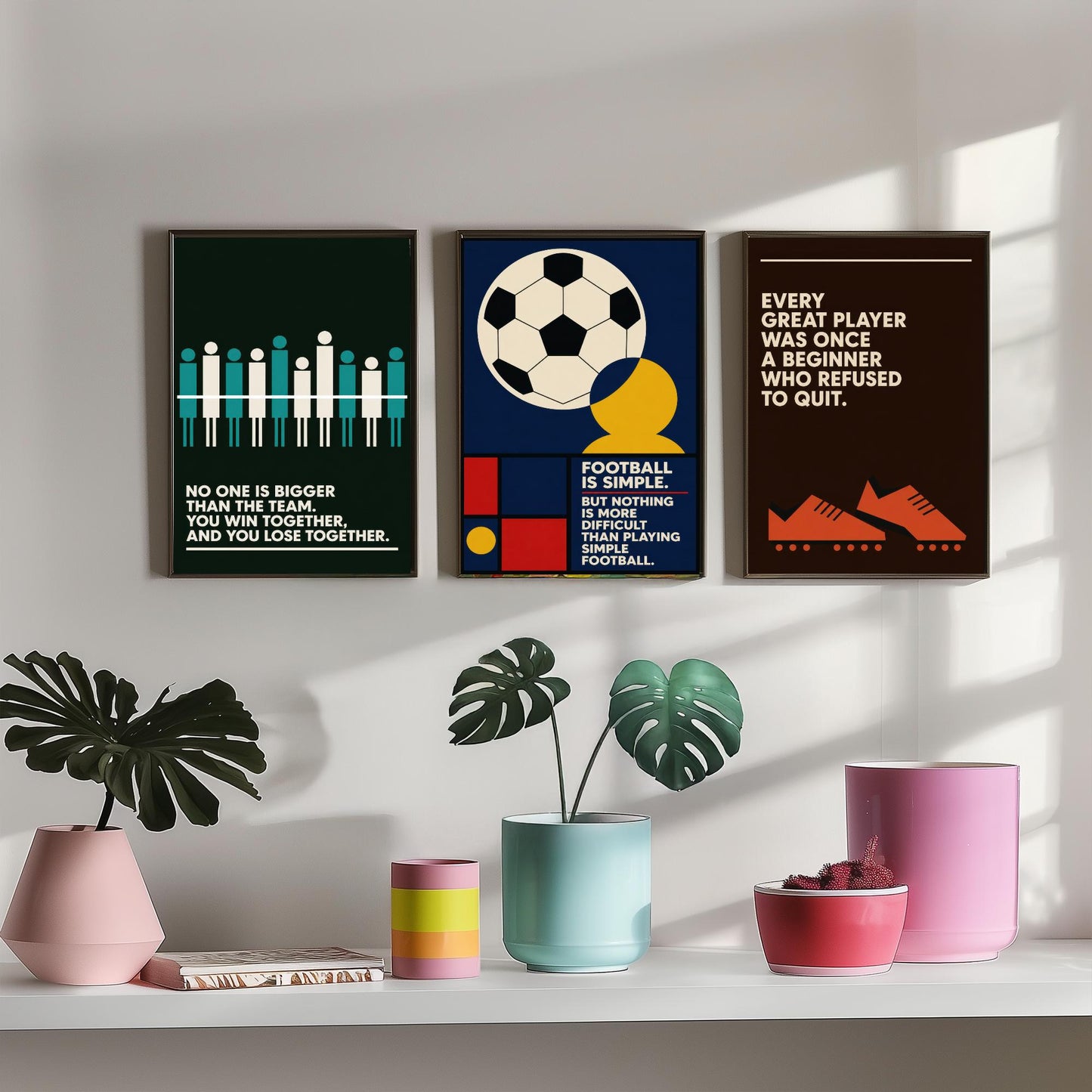Football Quotes Set of Three Art Prints - 3 Retro Bauhaus Soccer Posters - Minimalist Sport Wall Art Illustration V2