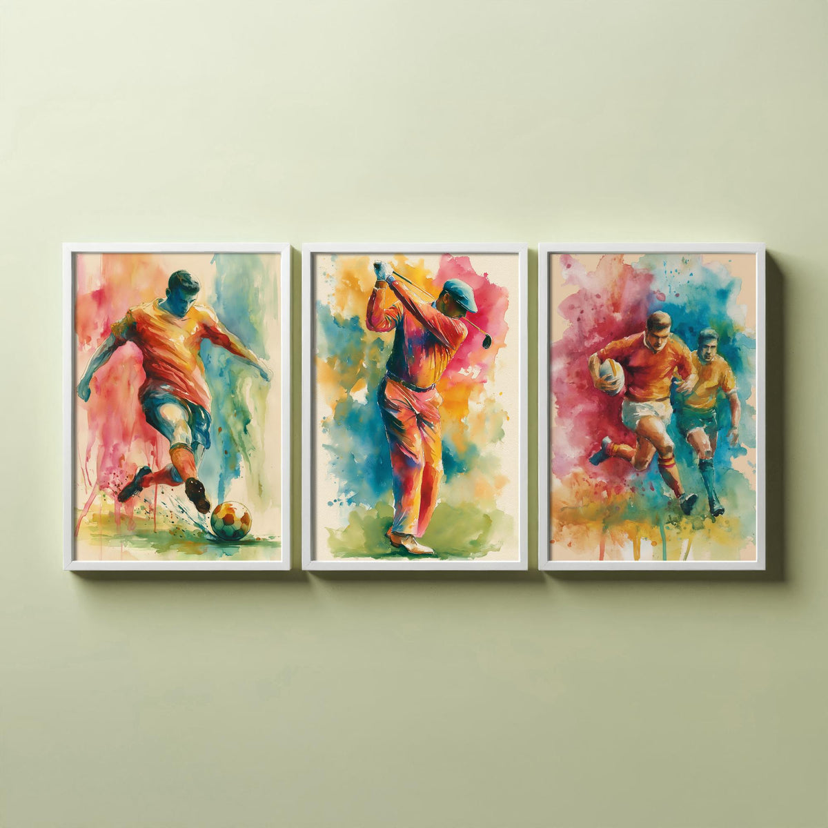 Sports Set of Three Art Prints - 3 Football Golf Rugby Posters - Vibrant Watercolour Painting Wall Art Gift Man Cave Fan Decor