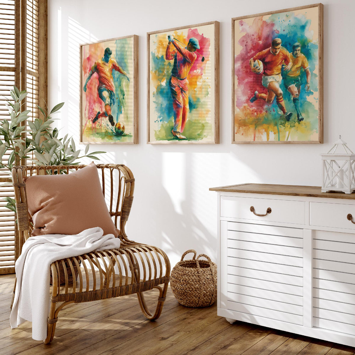 Sports Set of Three Art Prints - 3 Football Golf Rugby Posters - Vibrant Watercolour Painting Wall Art Gift Man Cave Fan Decor