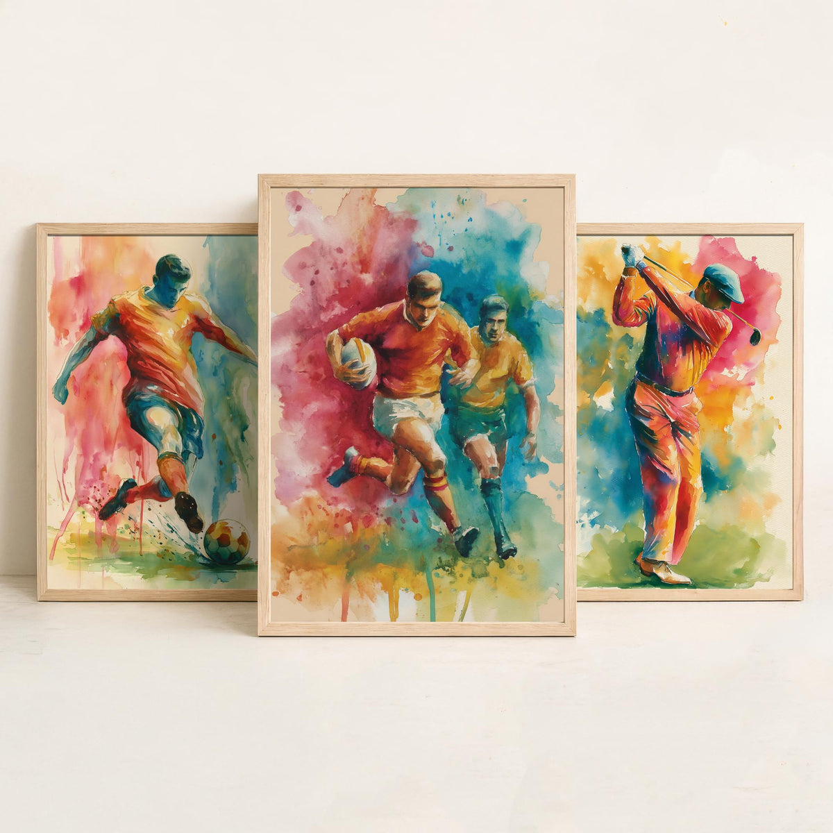 Sports Set of Three Art Prints - 3 Football Golf Rugby Posters - Vibrant Watercolour Painting Wall Art Gift Man Cave Fan Decor