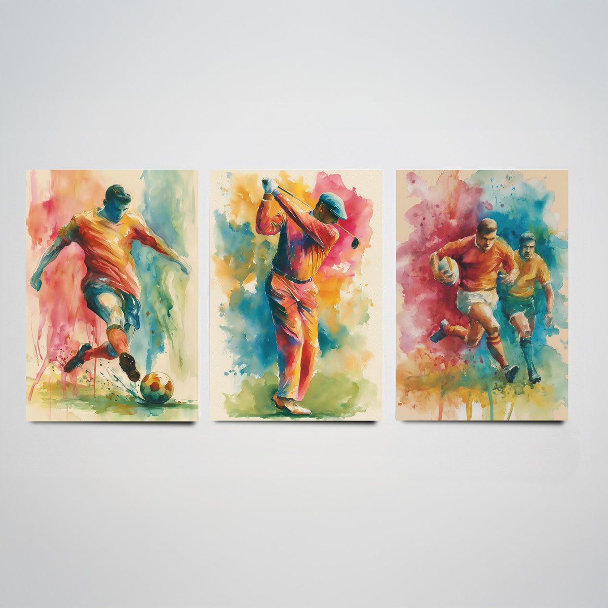 Sports Set of Three Art Prints - 3 Football Golf Rugby Posters - Vibrant Watercolour Painting Wall Art Gift Man Cave Fan Decor