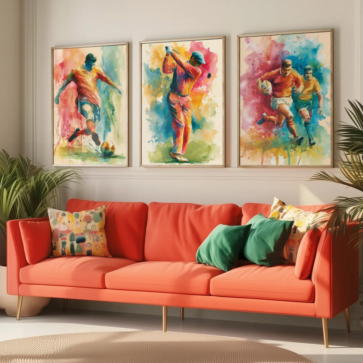 Sports Set of Three Art Prints - 3 Football Golf Rugby Posters - Vibrant Watercolour Painting Wall Art Gift Man Cave Fan Decor