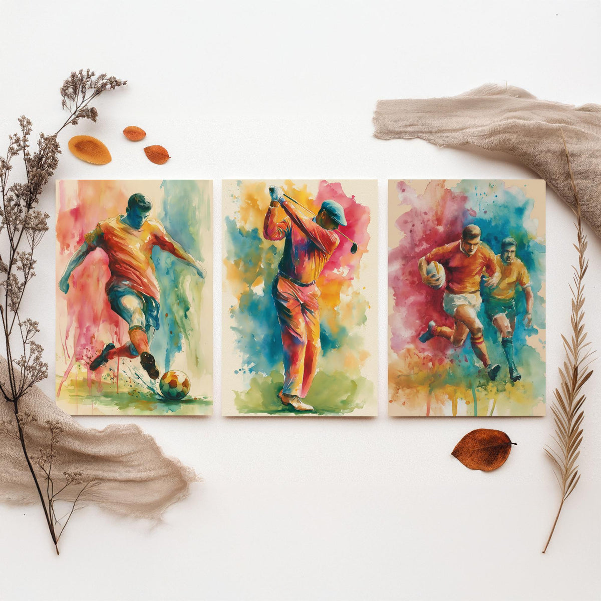 Sports Set of Three Art Prints - 3 Football Golf Rugby Posters - Vibrant Watercolour Painting Wall Art Gift Man Cave Fan Decor