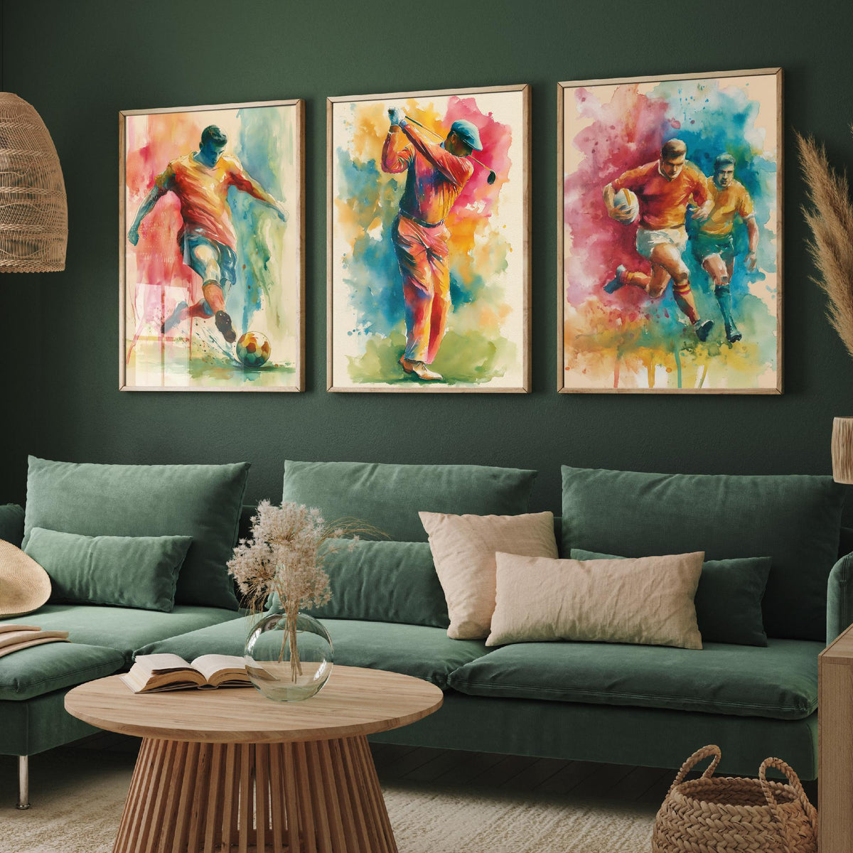 Sports Set of Three Art Prints - 3 Football Golf Rugby Posters - Vibrant Watercolour Painting Wall Art Gift Man Cave Fan Decor