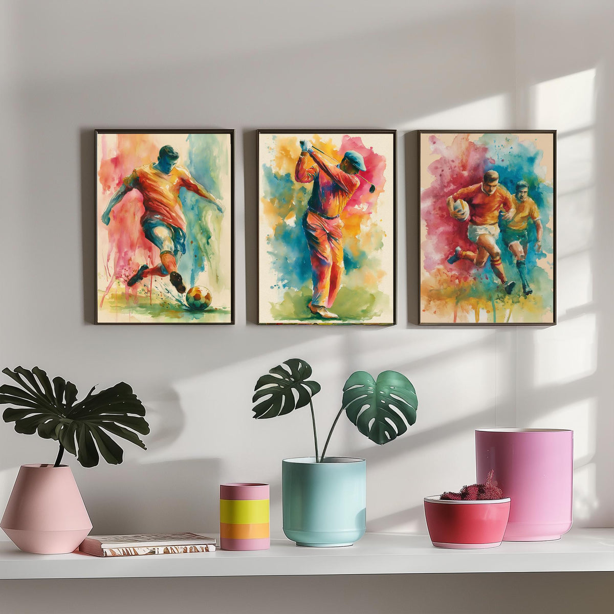 Sports Set of Three Art Prints - 3 Football Golf Rugby Posters - Vibrant Watercolour Painting Wall Art Gift Man Cave Fan Decor