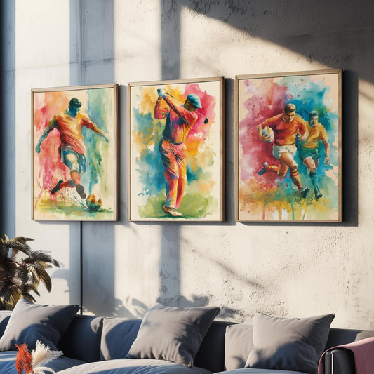 Sports Set of Three Art Prints - 3 Football Golf Rugby Posters - Vibrant Watercolour Painting Wall Art Gift Man Cave Fan Decor