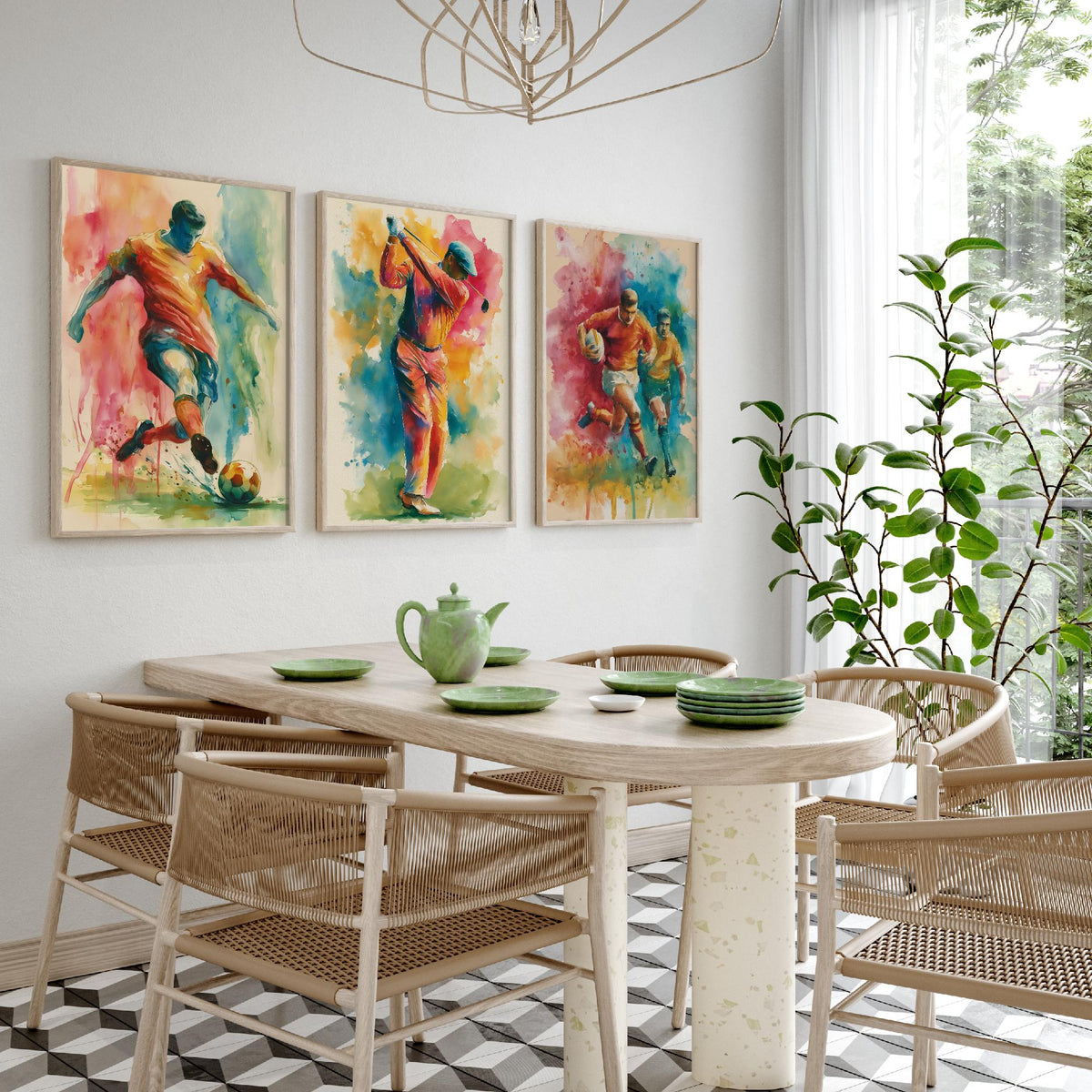 Sports Set of Three Art Prints - 3 Football Golf Rugby Posters - Vibrant Watercolour Painting Wall Art Gift Man Cave Fan Decor