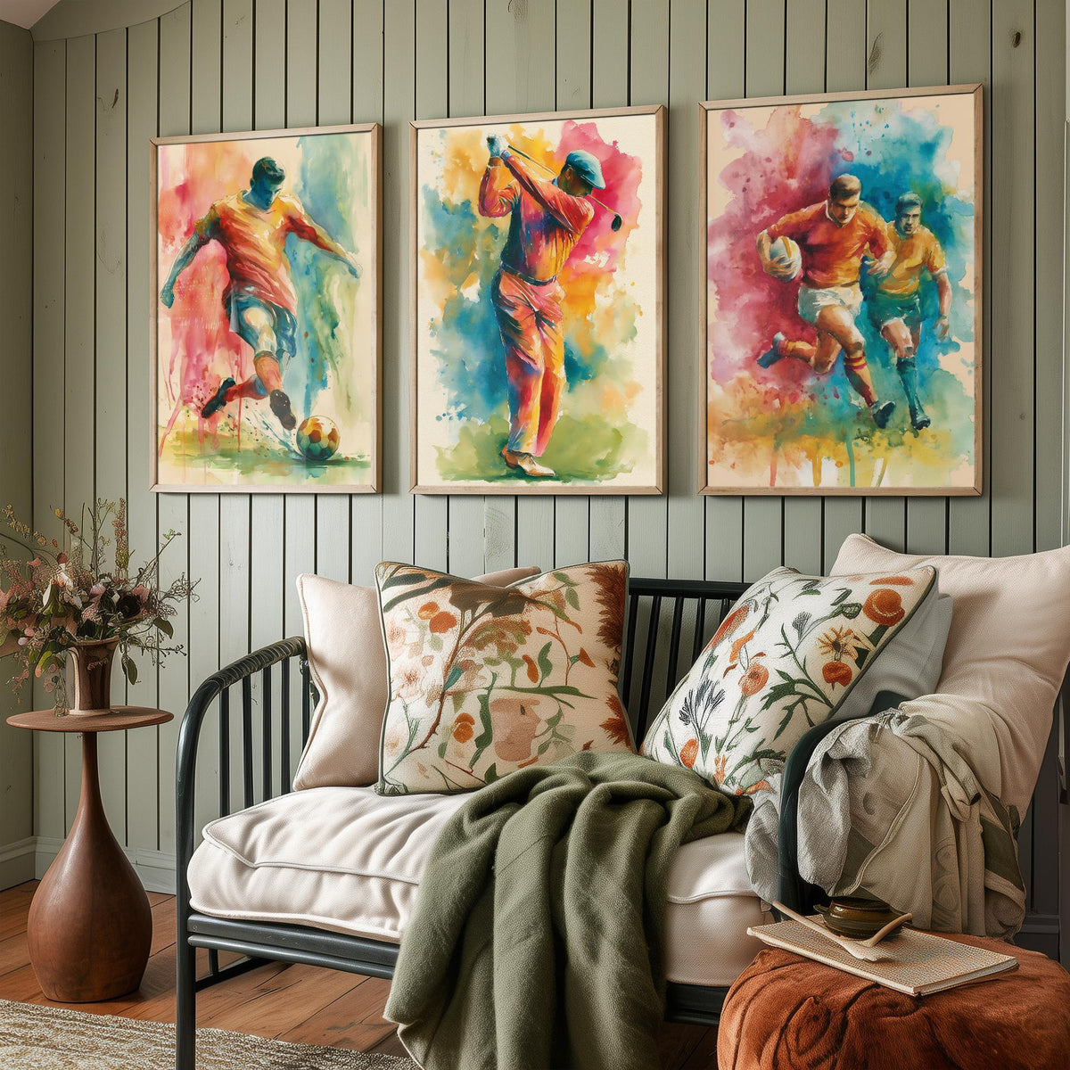 Sports Set of Three Art Prints - 3 Football Golf Rugby Posters - Vibrant Watercolour Painting Wall Art Gift Man Cave Fan Decor