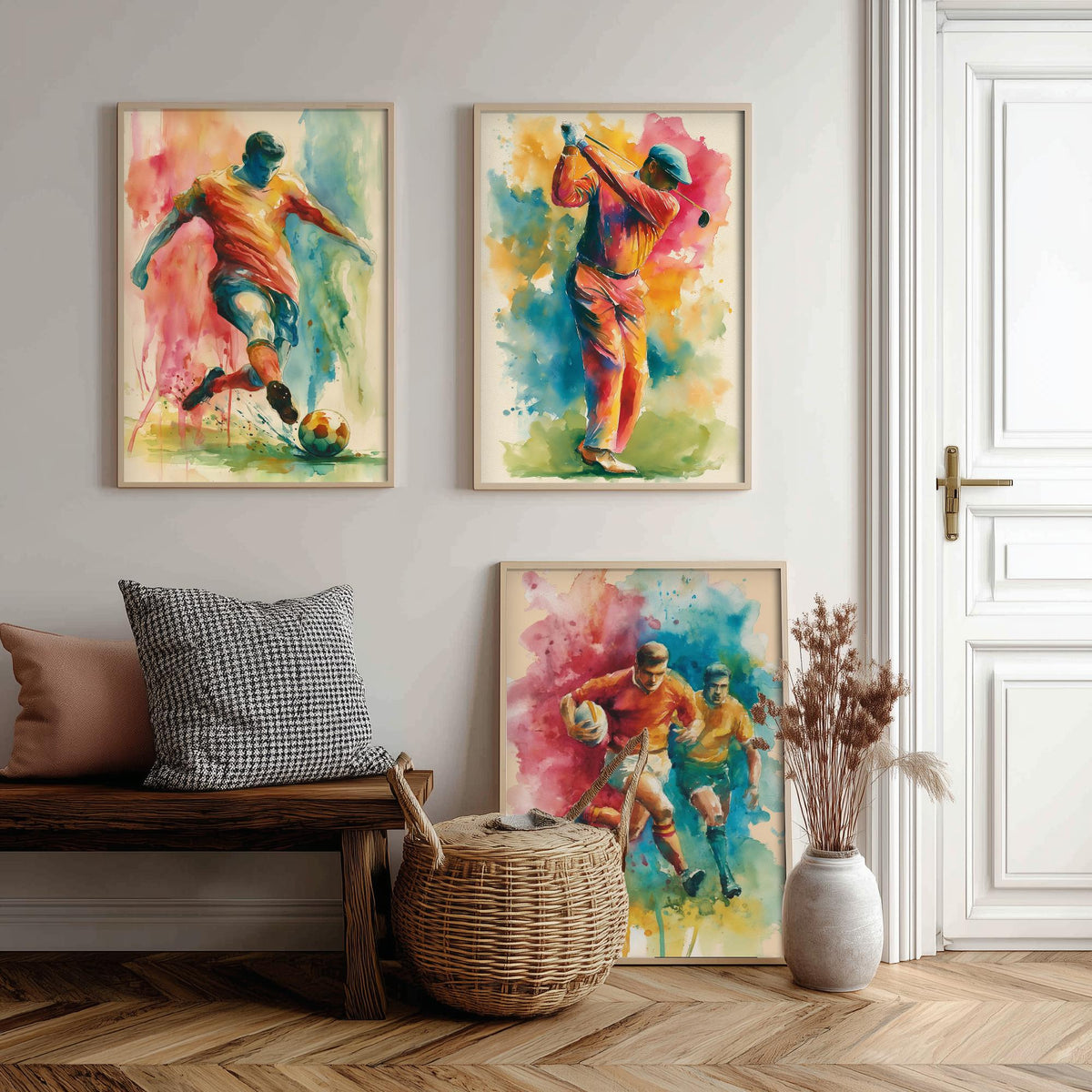 Sports Set of Three Art Prints - 3 Football Golf Rugby Posters - Vibrant Watercolour Painting Wall Art Gift Man Cave Fan Decor
