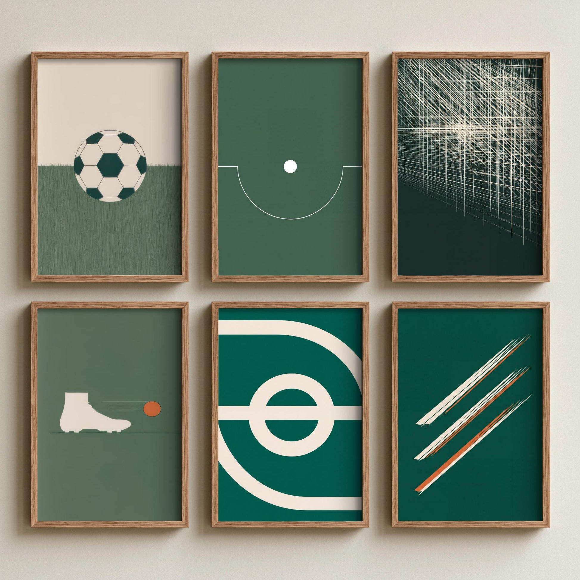 Set of Six Football Art Prints - 6 Minimalist Soccer Illustrations - Ball, Floodlights, Boot, Penalty Box, Corner Flag - Green Poster
