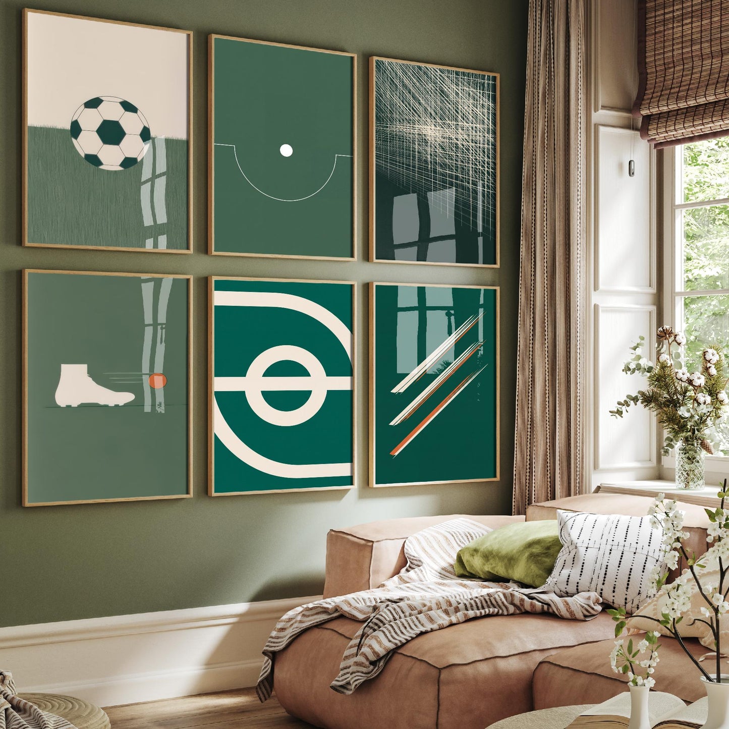 Set of Six Football Art Prints - 6 Minimalist Soccer Illustrations - Ball, Floodlights, Boot, Penalty Box, Corner Flag - Green Poster