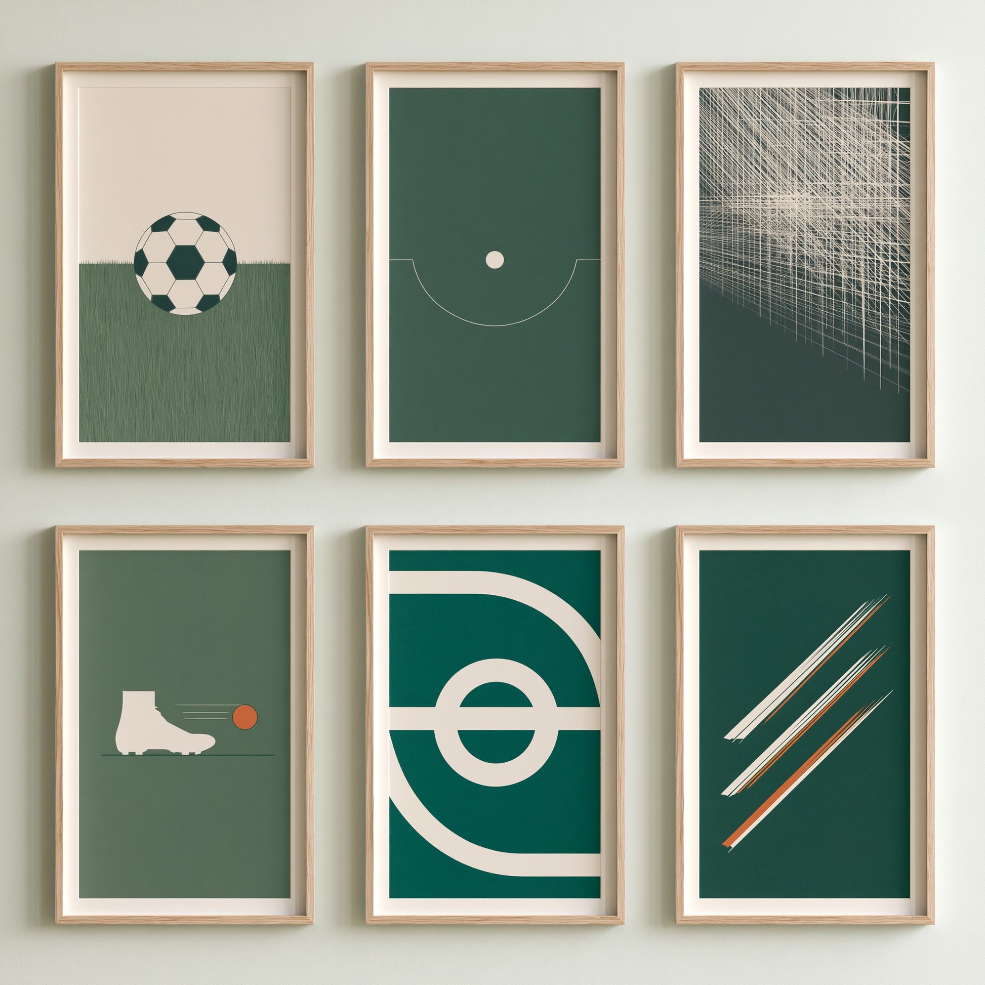Set of Six Football Art Prints - 6 Minimalist Soccer Illustrations - Ball, Floodlights, Boot, Penalty Box, Corner Flag - Green Poster
