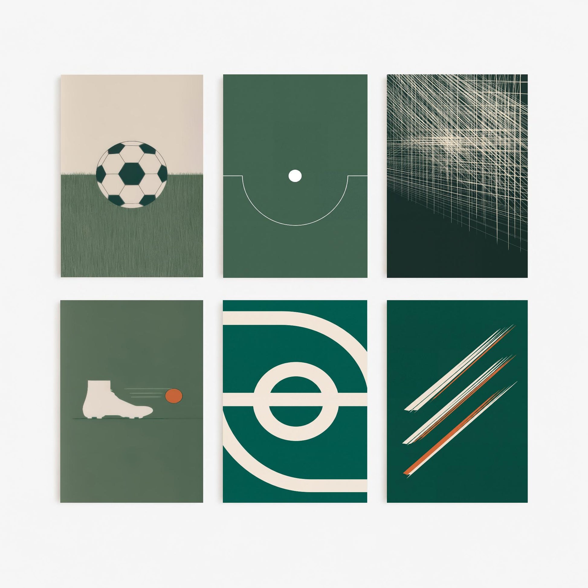 Set of Six Football Art Prints - 6 Minimalist Soccer Illustrations - Ball, Floodlights, Boot, Penalty Box, Corner Flag - Green Poster