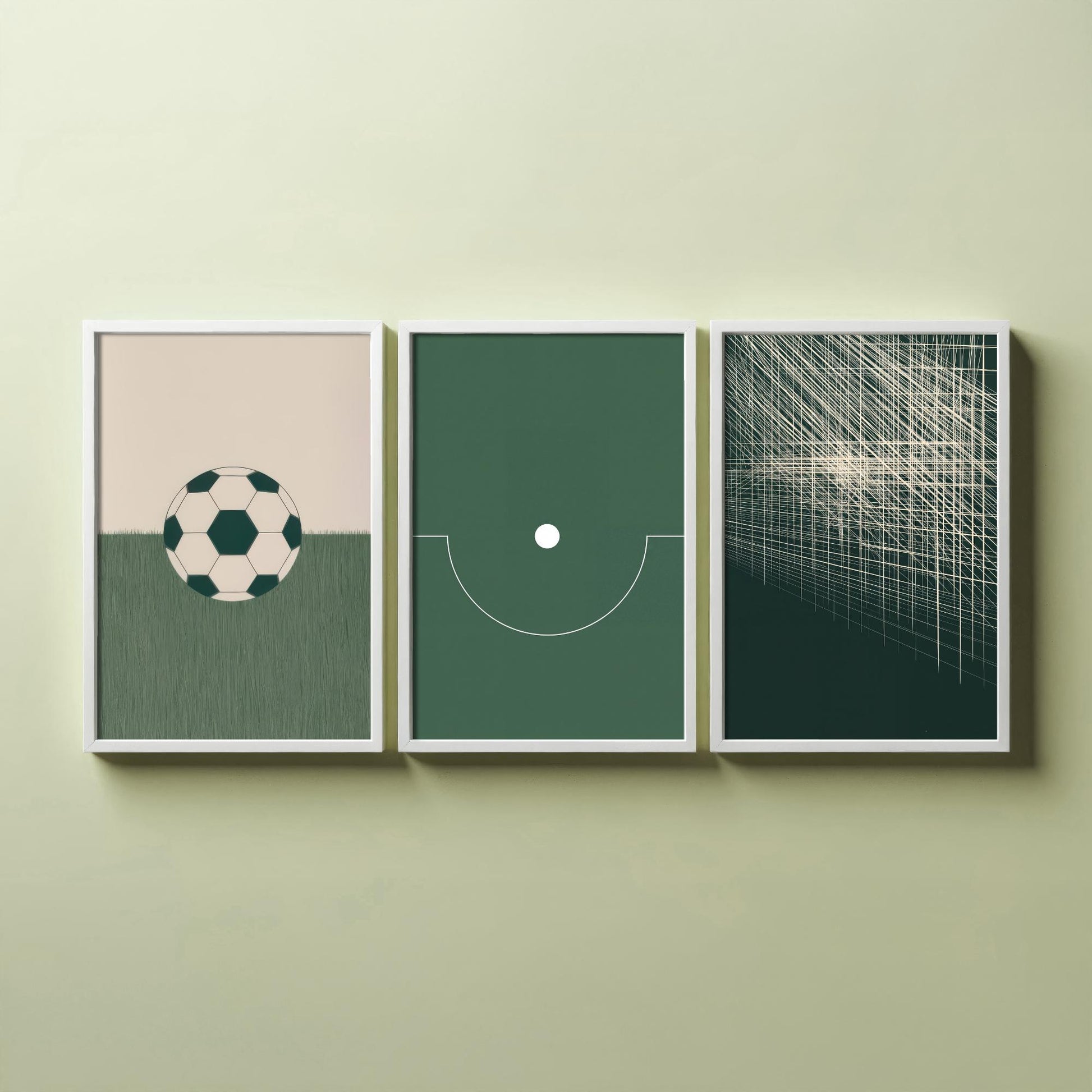 Football Abstract Set of Three Art Prints V1 - Minimalist Soccer Ball Pitch and Net Illustrations - Green Poster Wall Decor Triptych
