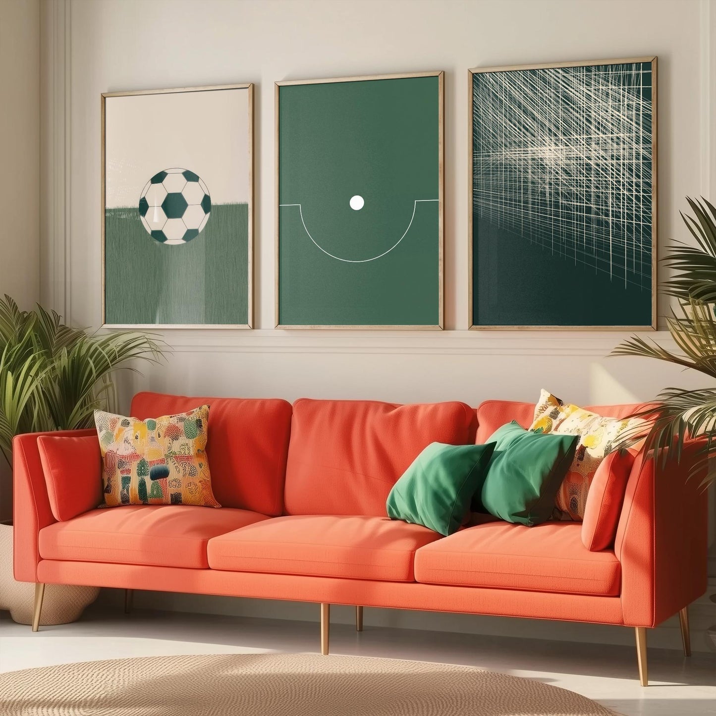 Football Abstract Set of Three Art Prints V1 - Minimalist Soccer Ball Pitch and Net Illustrations - Green Poster Wall Decor Triptych