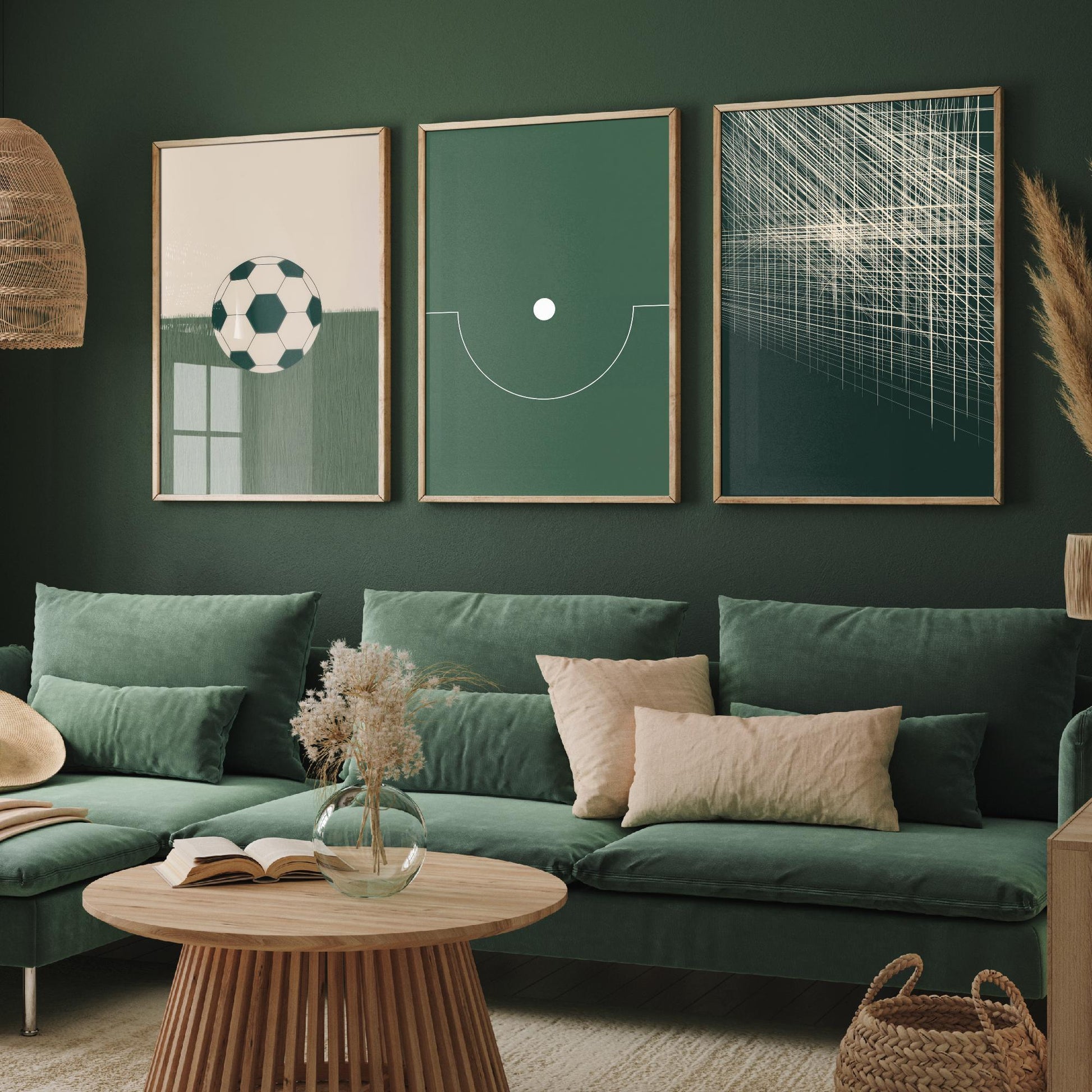 Football Abstract Set of Three Art Prints V1 - Minimalist Soccer Ball Pitch and Net Illustrations - Green Poster Wall Decor Triptych