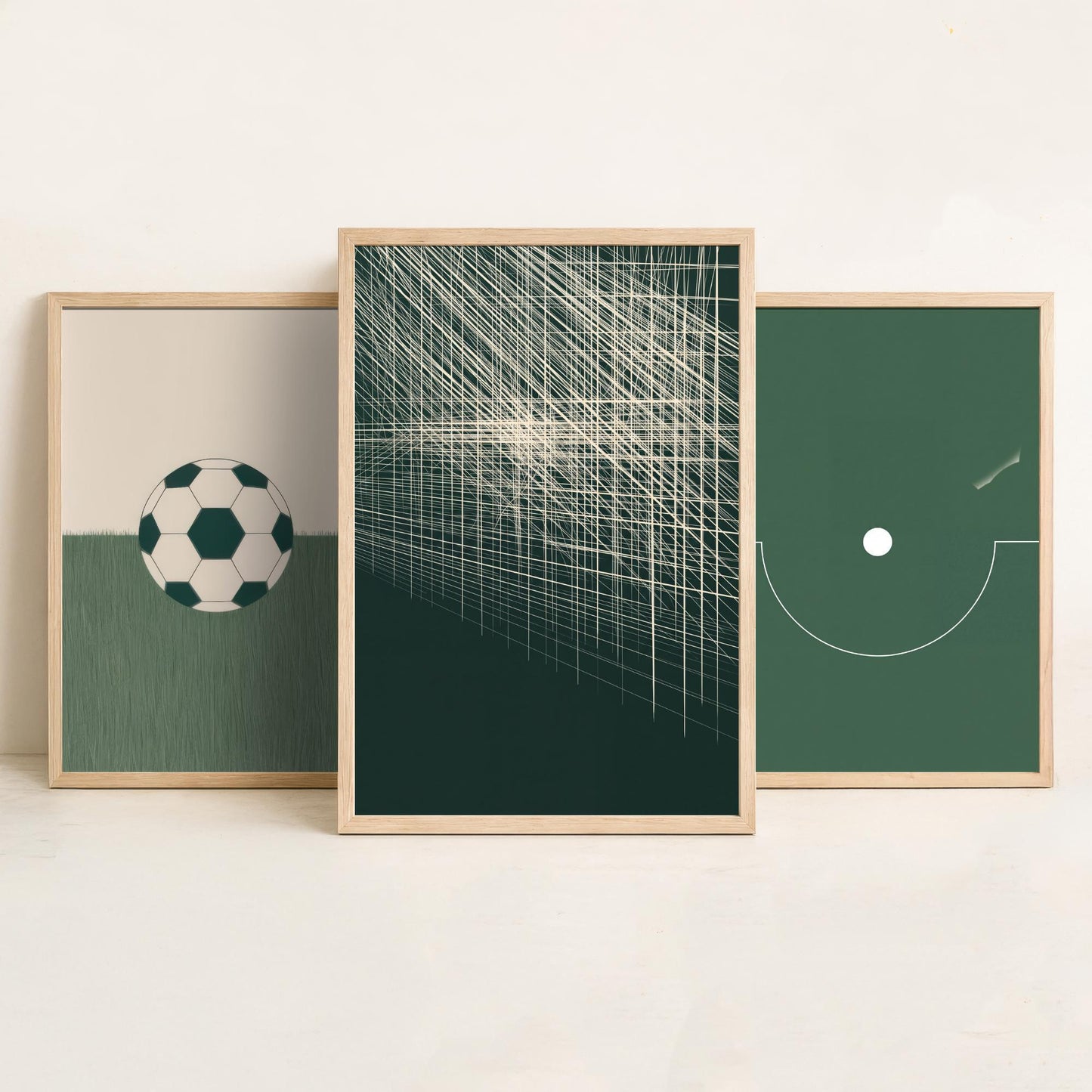 Football Abstract Set of Three Art Prints V1 - Minimalist Soccer Ball Pitch and Net Illustrations - Green Poster Wall Decor Triptych