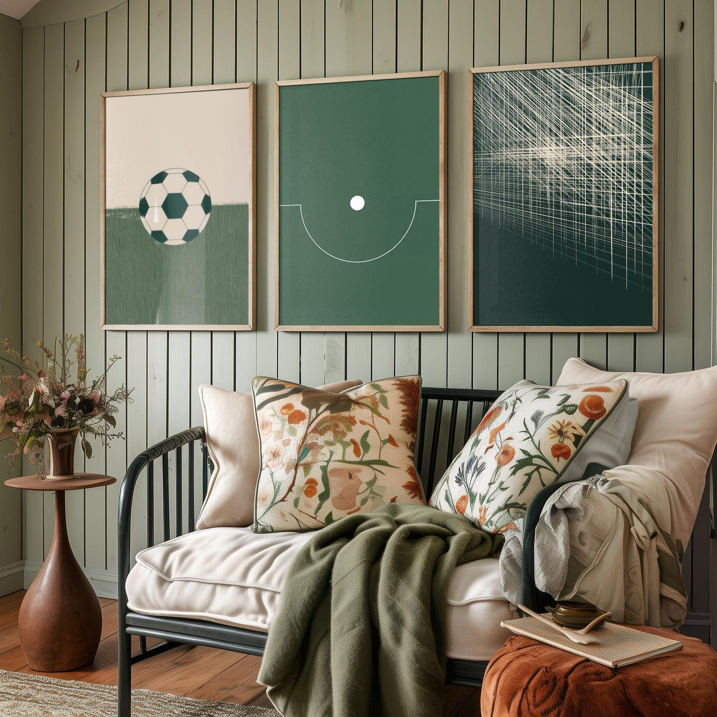 Football Abstract Set of Three Art Prints V1 - Minimalist Soccer Ball Pitch and Net Illustrations - Green Poster Wall Decor Triptych