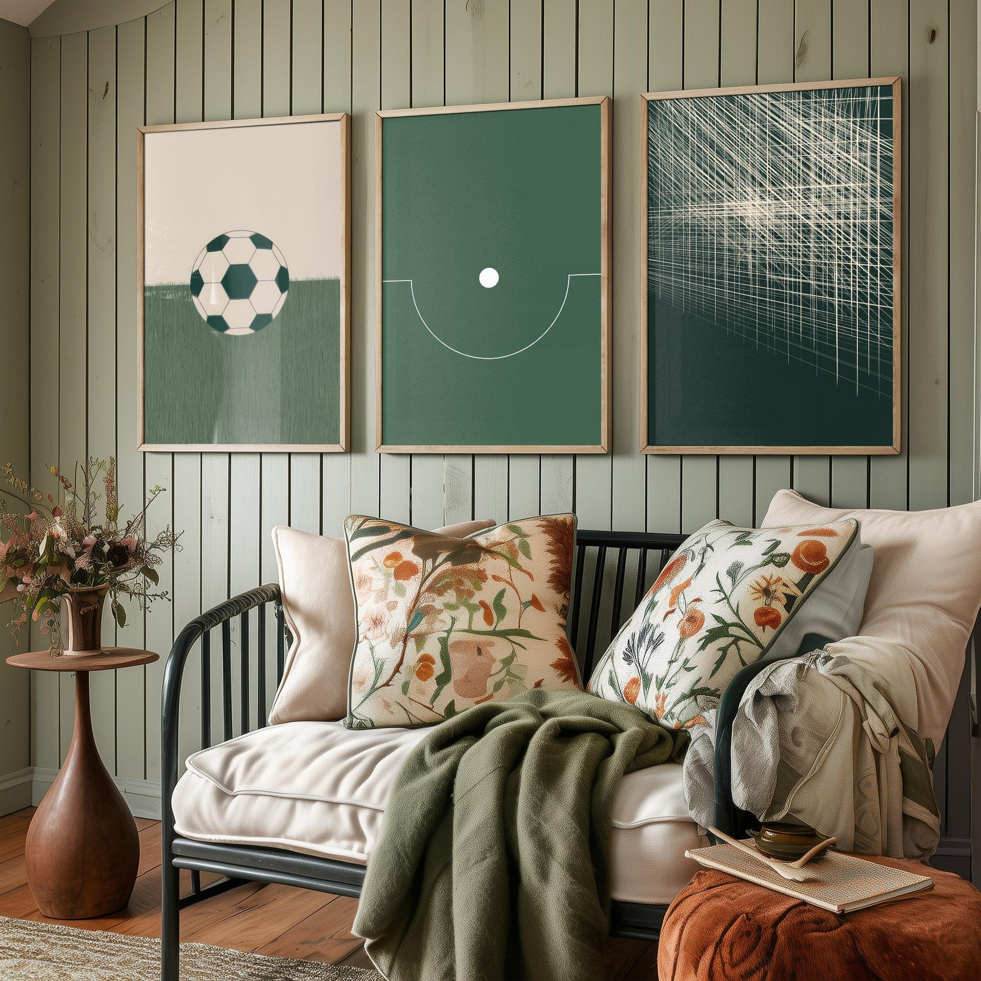 Football Abstract Set of Three Art Prints V1 - Minimalist Soccer Ball Pitch and Net Illustrations - Green Poster Wall Decor Triptych