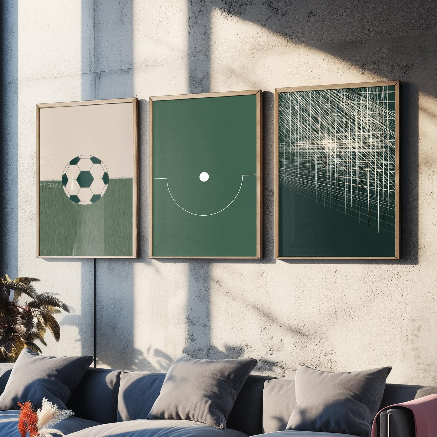 Football Abstract Set of Three Art Prints V1 - Minimalist Soccer Ball Pitch and Net Illustrations - Green Poster Wall Decor Triptych