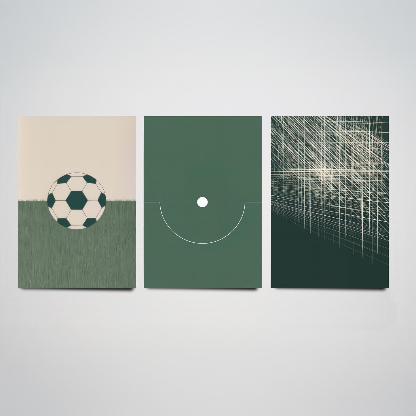 Football Abstract Set of Three Art Prints V1 - Minimalist Soccer Ball Pitch and Net Illustrations - Green Poster Wall Decor Triptych