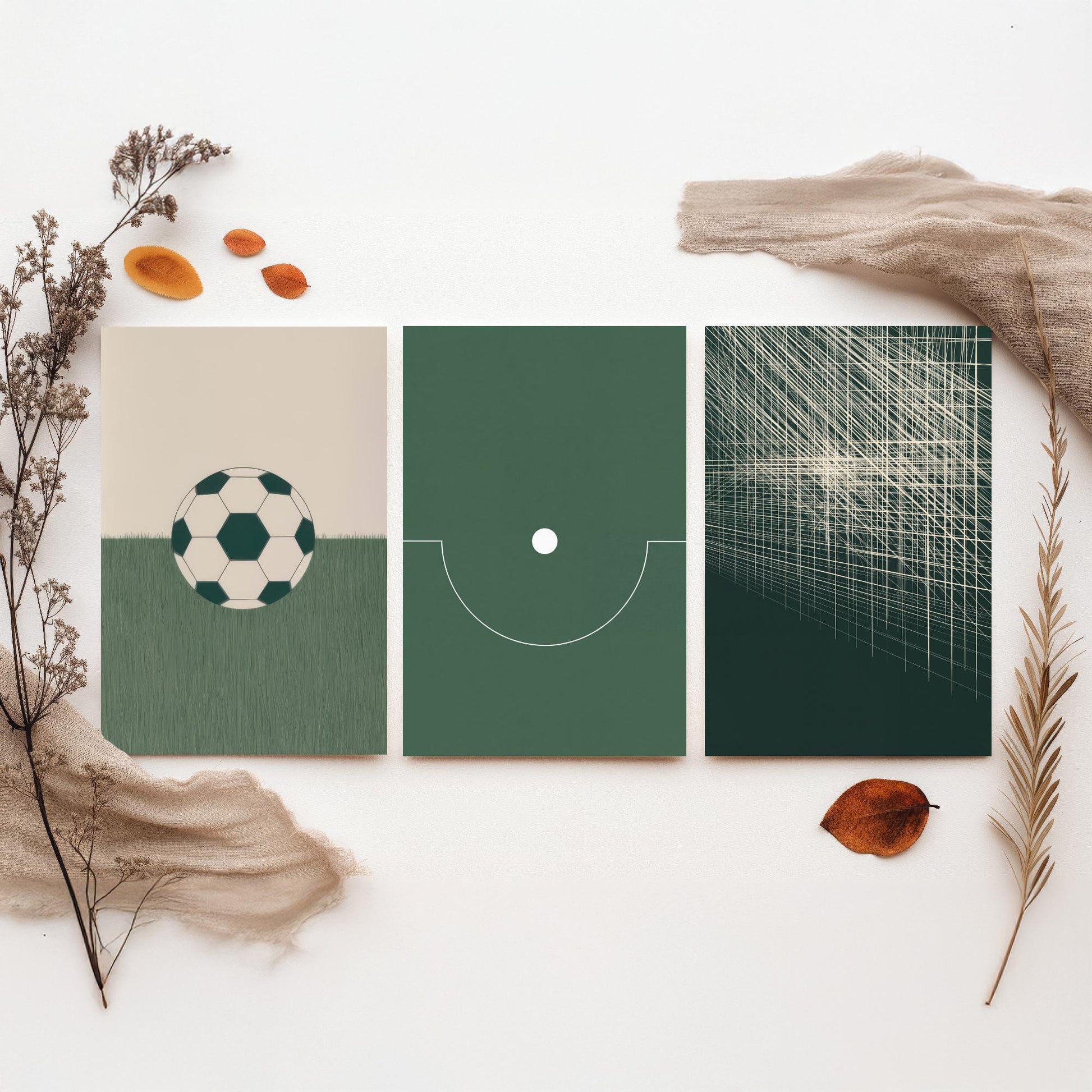 Football Abstract Set of Three Art Prints V1 - Minimalist Soccer Ball Pitch and Net Illustrations - Green Poster Wall Decor Triptych