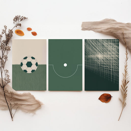 Football Abstract Set of Three Art Prints V1 - Minimalist Soccer Ball Pitch and Net Illustrations - Green Poster Wall Decor Triptych
