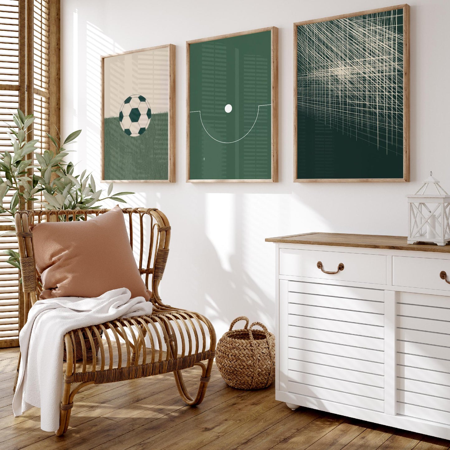 Football Abstract Set of Three Art Prints V1 - Minimalist Soccer Ball Pitch and Net Illustrations - Green Poster Wall Decor Triptych