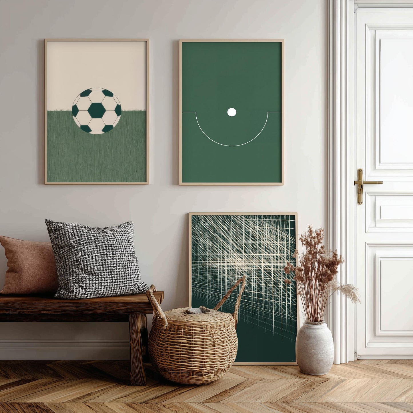 Football Abstract Set of Three Art Prints V1 - Minimalist Soccer Ball Pitch and Net Illustrations - Green Poster Wall Decor Triptych
