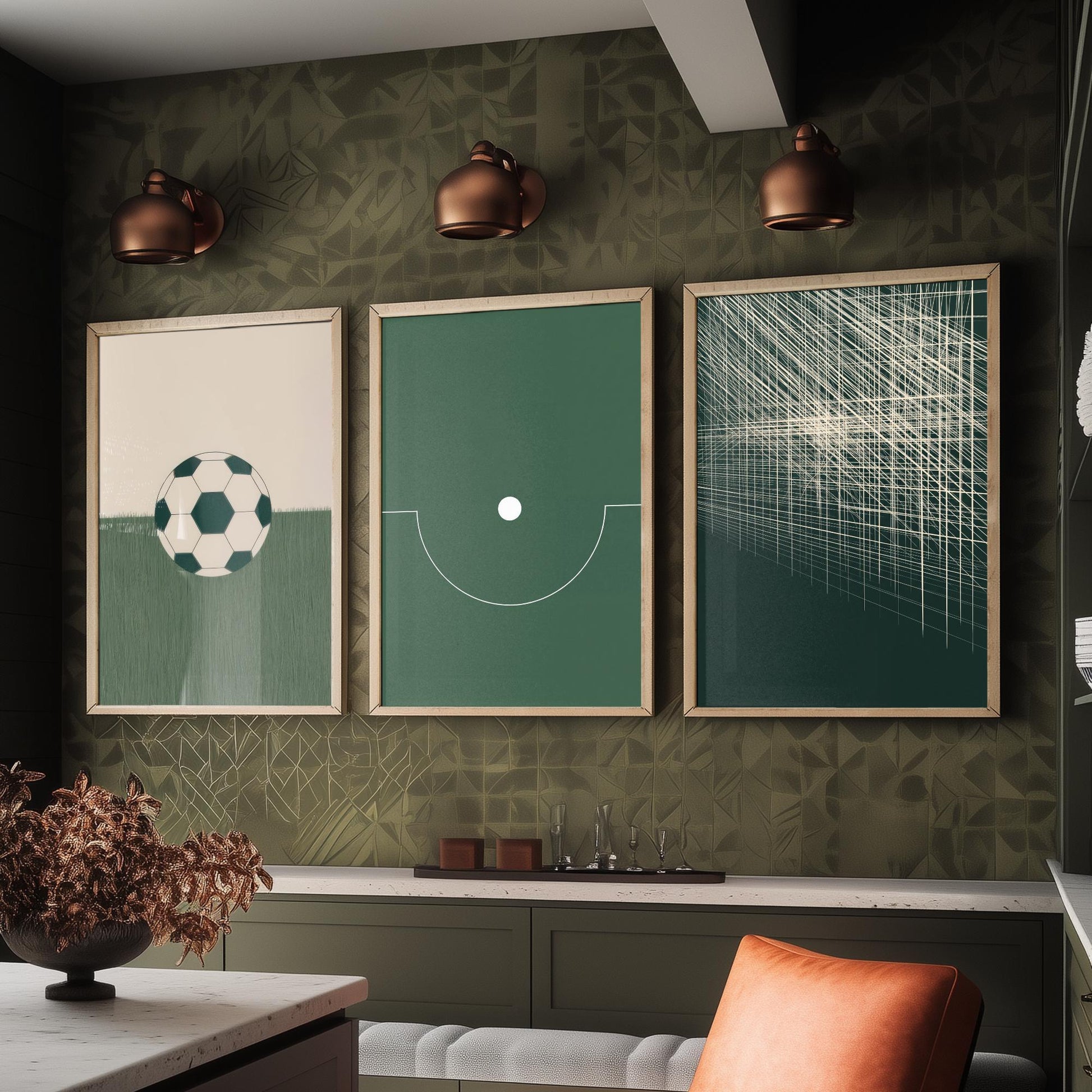 Football Abstract Set of Three Art Prints V1 - Minimalist Soccer Ball Pitch and Net Illustrations - Green Poster Wall Decor Triptych