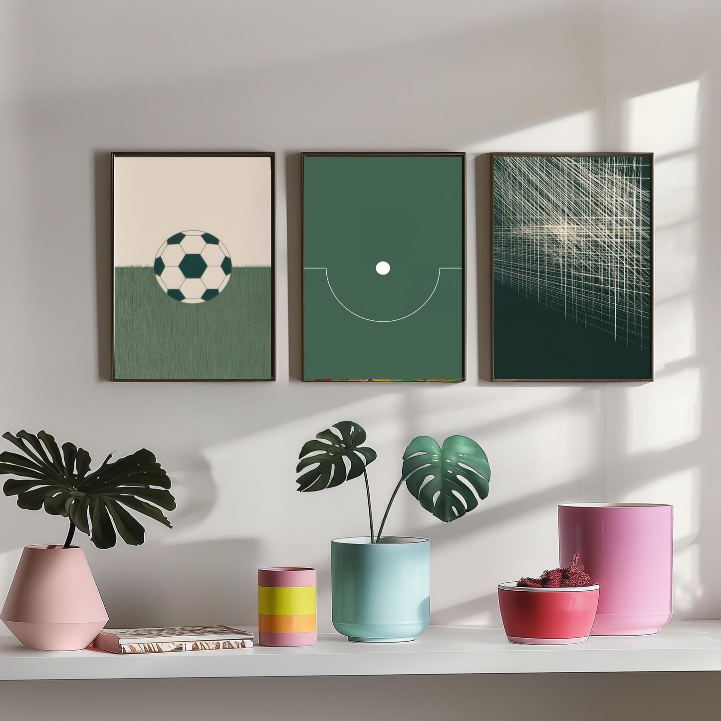 Football Abstract Set of Three Art Prints V1 - Minimalist Soccer Ball Pitch and Net Illustrations - Green Poster Wall Decor Triptych