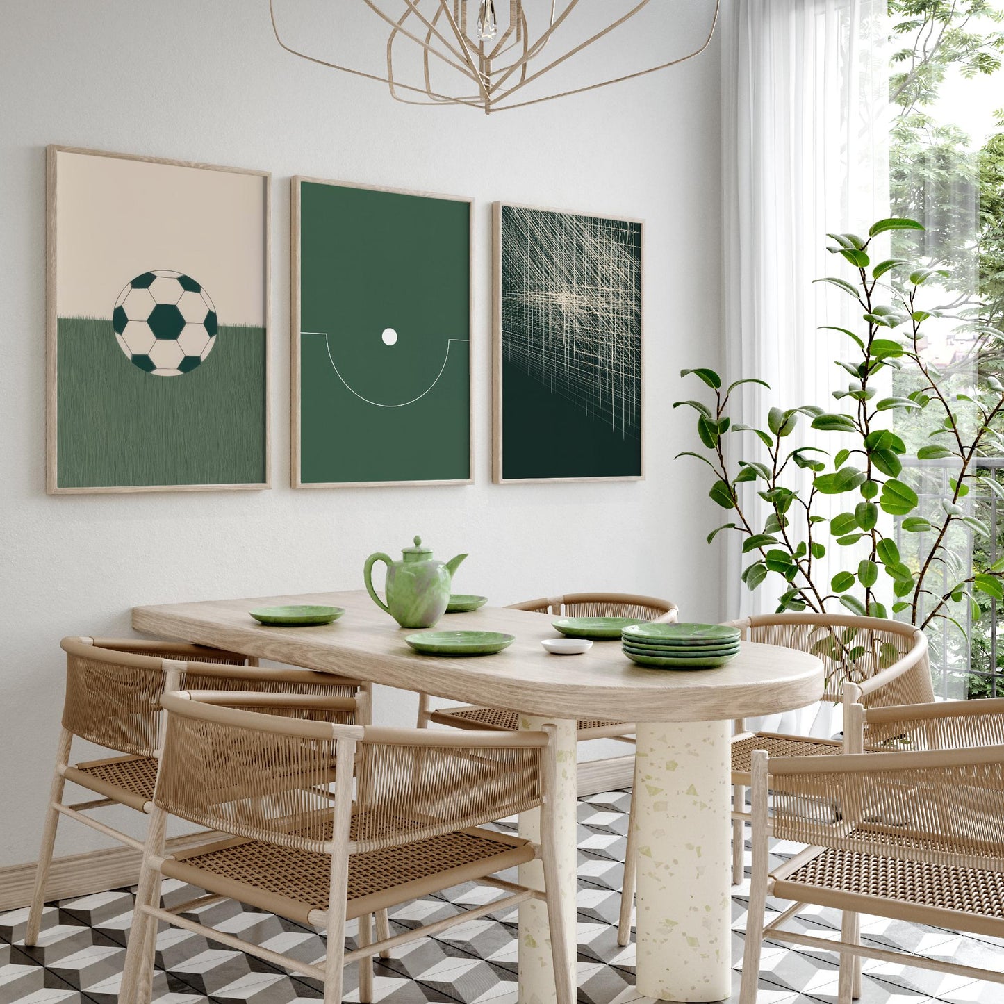 Football Abstract Set of Three Art Prints V1 - Minimalist Soccer Ball Pitch and Net Illustrations - Green Poster Wall Decor Triptych