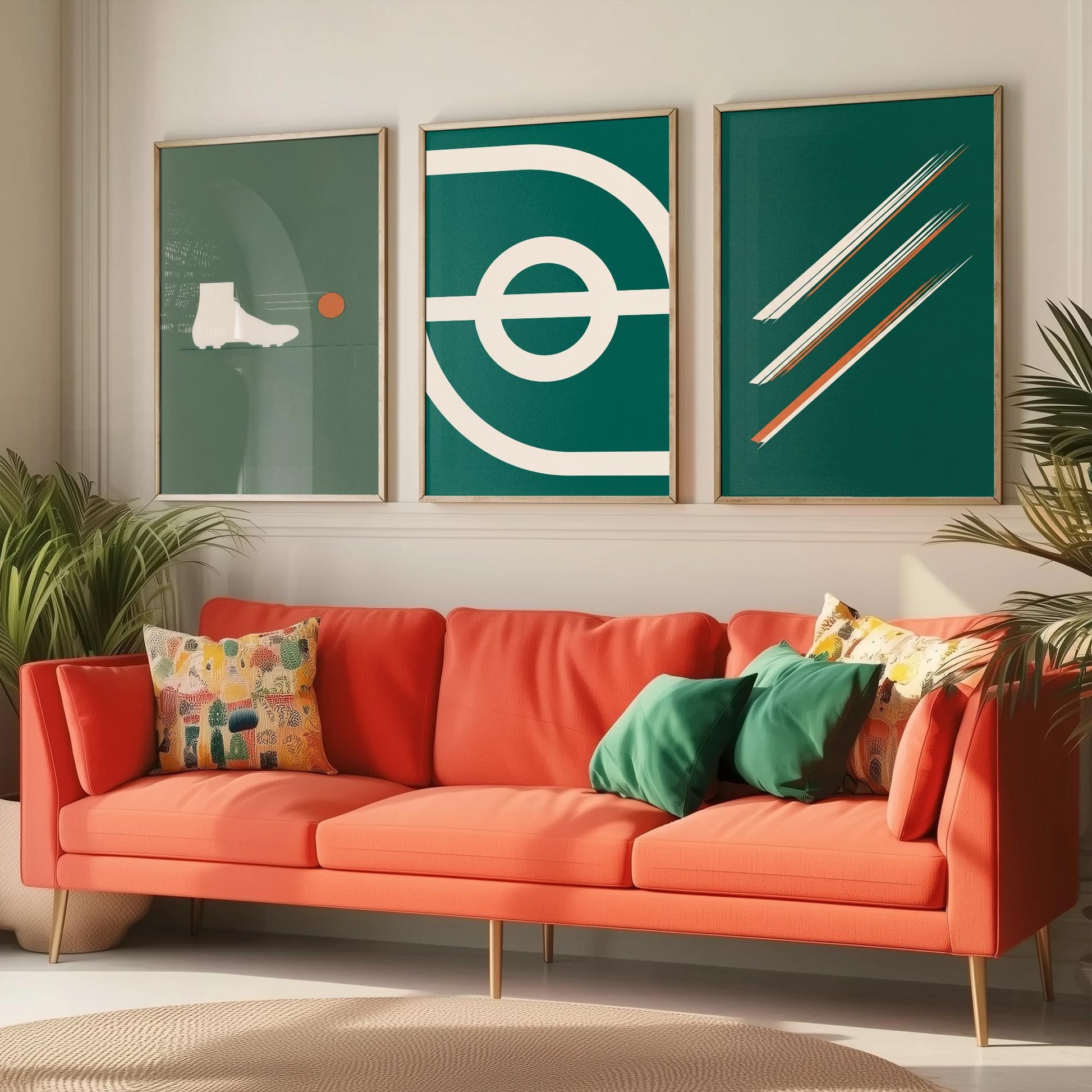 Football Abstract Set of Three Art Prints V2 - Minimalist Boot Stadium and Speed Line Illustrations - Green Orange Poster Decor Triptych
