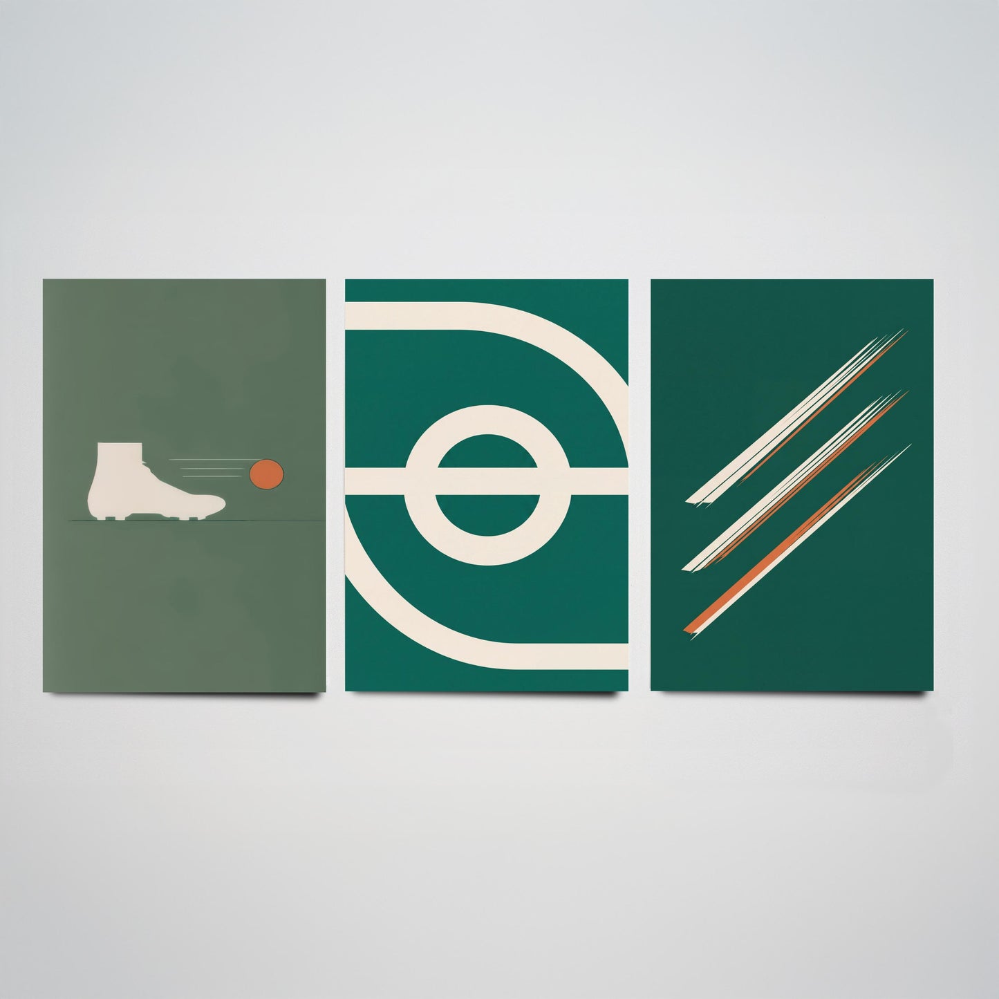 Football Abstract Set of Three Art Prints V2 - Minimalist Boot Stadium and Speed Line Illustrations - Green Orange Poster Decor Triptych