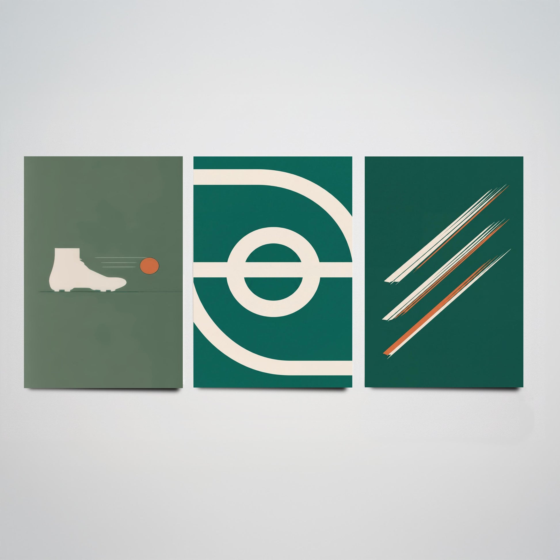 Football Abstract Set of Three Art Prints V2 - Minimalist Boot Stadium and Speed Line Illustrations - Green Orange Poster Decor Triptych