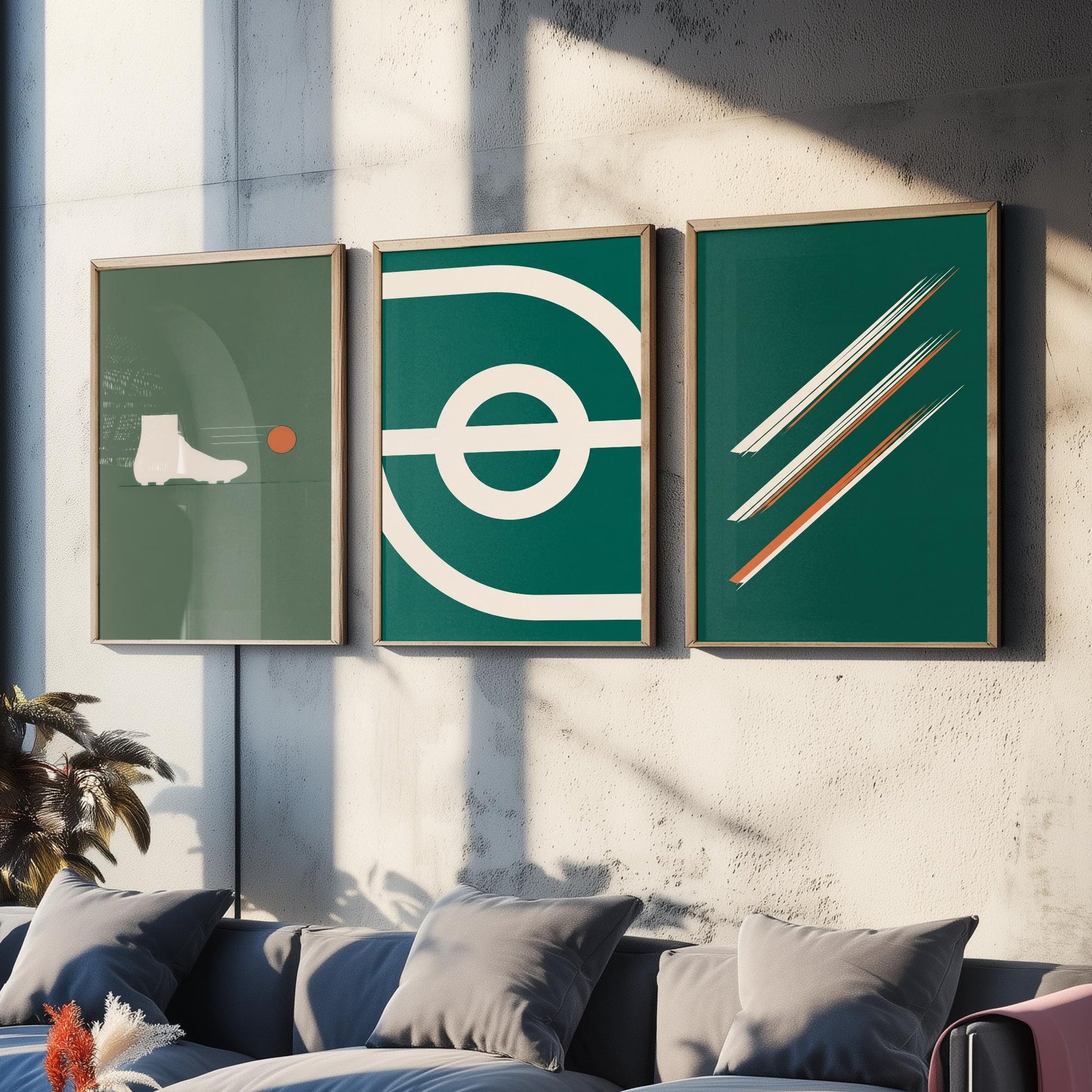 Football Abstract Set of Three Art Prints V2 - Minimalist Boot Stadium and Speed Line Illustrations - Green Orange Poster Decor Triptych