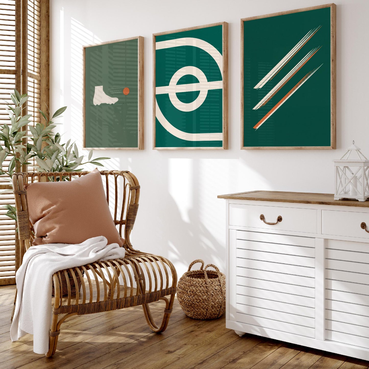 Football Abstract Set of Three Art Prints V2 - Minimalist Boot Stadium and Speed Line Illustrations - Green Orange Poster Decor Triptych