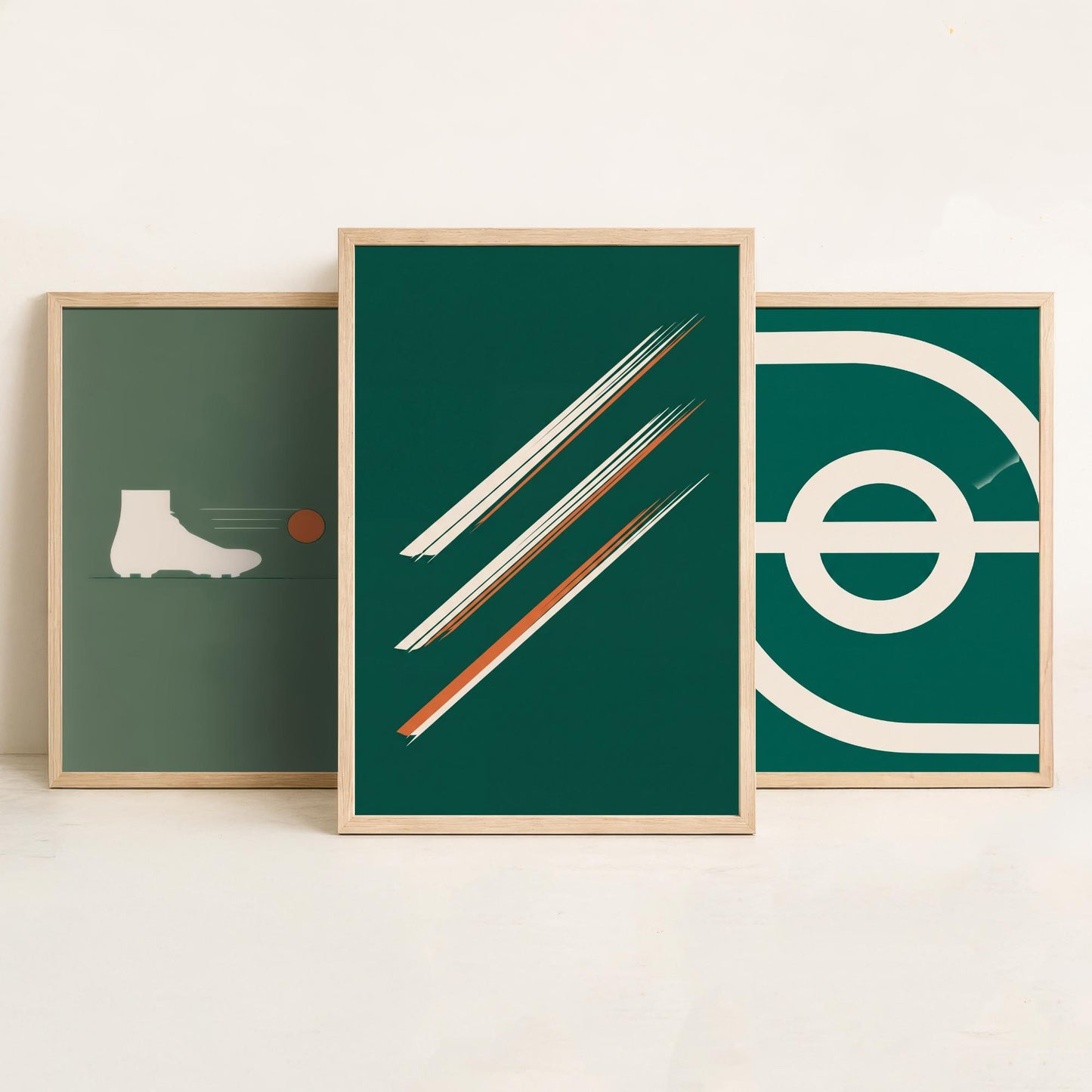 Football Abstract Set of Three Art Prints V2 - Minimalist Boot Stadium and Speed Line Illustrations - Green Orange Poster Decor Triptych