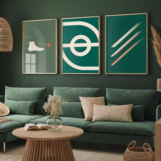Football Abstract Set of Three Art Prints V2 - Minimalist Boot Stadium and Speed Line Illustrations - Green Orange Poster Decor Triptych
