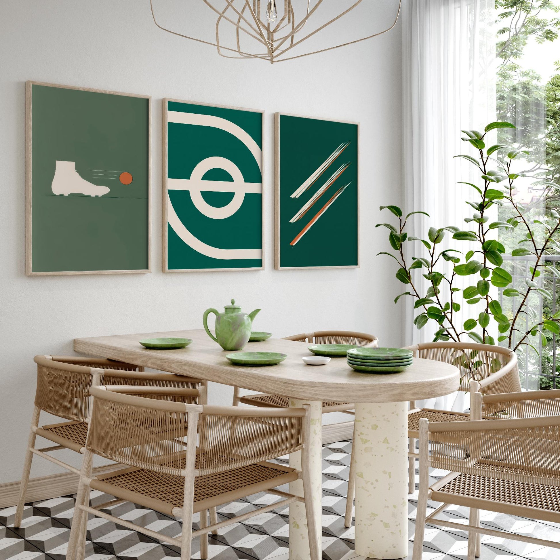 Football Abstract Set of Three Art Prints V2 - Minimalist Boot Stadium and Speed Line Illustrations - Green Orange Poster Decor Triptych